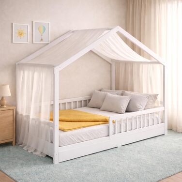 Дитяче ліжко CADANI Malte 90x200 см Ліжко-будиночок зі знімними захисними поручнями, вантажопідйомність до 200 кг, висувна рейкова основа, підлогове ліжко Монтессорі з масиву сосни, біле 90x200 см