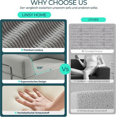 Розкладний диван LINSY HOME - Розкладний диван-ліжко з підлокітником та подушкою для спини - Розкладний диван-ліжко, ширина 160 см - Стиснутий диван у коробці - Вельветова тканина для вітальні, спальні, сірий колір, ширина 1,6 м