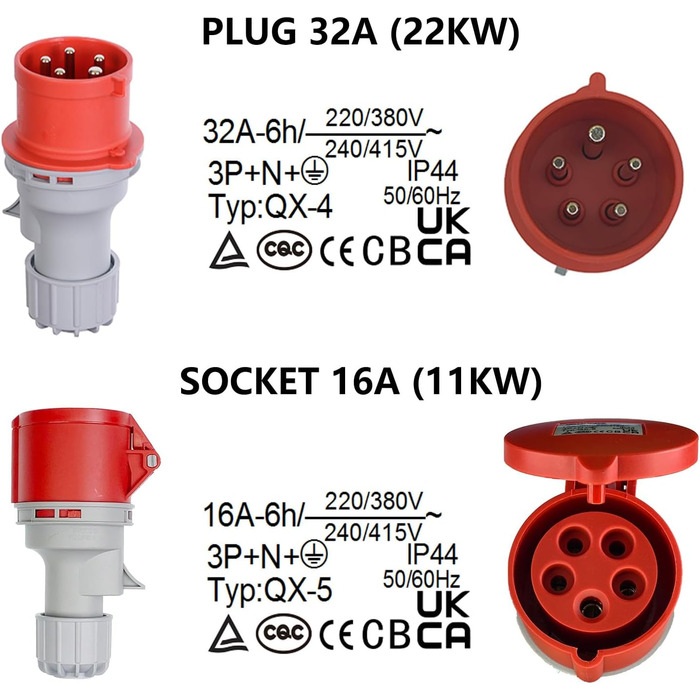 Перехідник CEE з вилки 32A на розетку 16A із захисною кришкою, 3 фази, 5 контактів, водо- та пилозахист IP44, портативний, підходить для промислового та приватного використання (32-16)