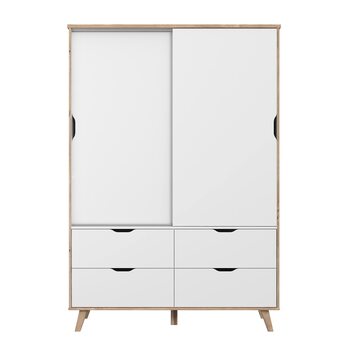 Шафа 140, Розсувні двері, Скандинавський стиль, 2-дверна з 4 шухлядами, Спальня або дитяча кімната, Декор дерева Дуб з білим, 139 см завширшки x 201,5 см заввишки x 53 см завглибшки, Біла 2-дверна шафа