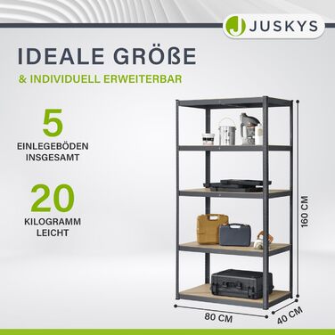 Базовий посилений стелаж Juskys 200x100x60 см (ВxШxГ) - 875 кг - 5 полиць - Стелаж для зберігання, безболтовий стелаж, металевий підвальний стелаж, система стелажів - сірий