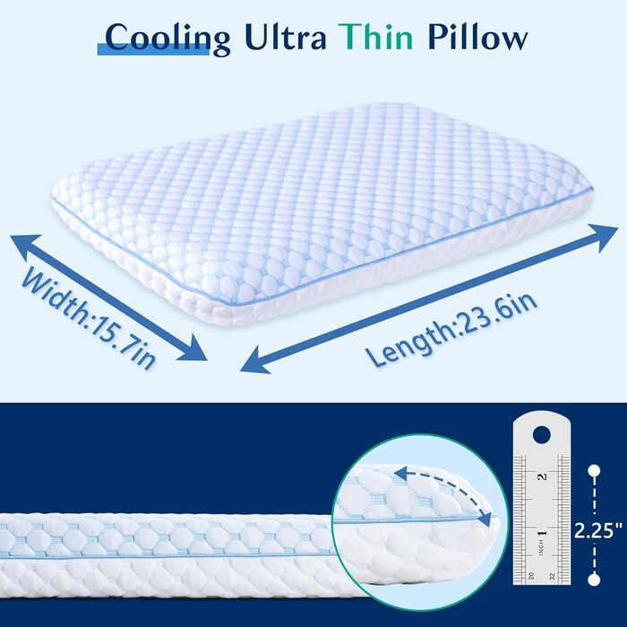 Ультратонка охолоджувальна подушка з піни з пам&39яттю форми для сну на животі та спині/плоска подушка 2,25 дюйма для сну на животі з тканинним чохлом, який можна прати, ортопедична подушка 40x60 для сну 2,25&39H Hyper Slim (стандартна) синьо-біла