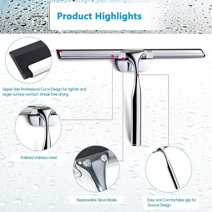 Ракель для душу Love-KANKEI Ракель для душу з нержавіючої сталі з гумовою губкою, включно з 1 запасною губкою та 1 гачком