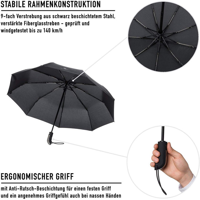 Парасолька VON HEESEN захищена від шторму до 140 км/год - з сумкою-парасолькою та дорожнім футляром - Складна парасолька з автомат