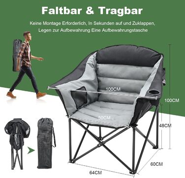 Складане кемпінгове крісло вантажопідйомність 200 кг з подушкою сидіння 6 см - Велике складне рибальське крісло для кемпінгу, саду та фестивалів - Міцне кемпінгове крісло з боковими кишенями та сумкою для перенесення Чорнесіре стандартне кемпінгове крісло