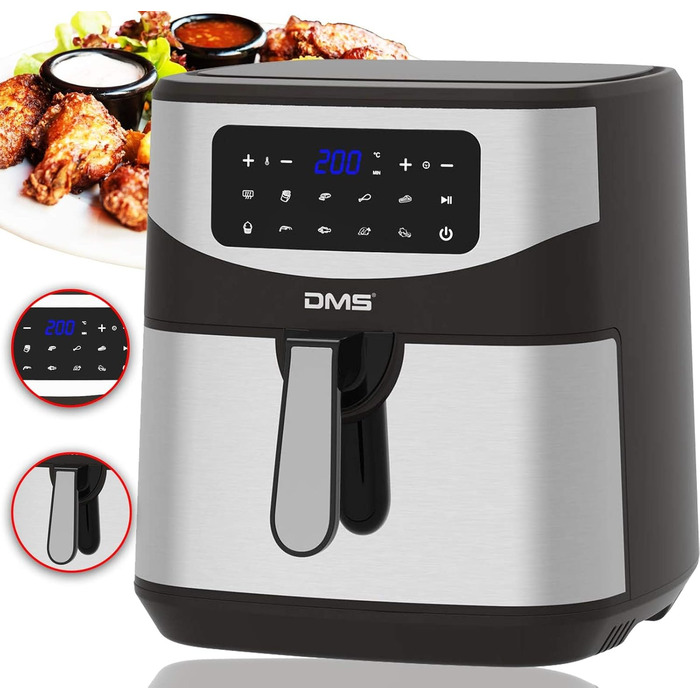 Аерофритюрниця DMS XXXL 7 літрів Фритюрниця Духова шафа Гриль з гарячим повітрям Кухонна плита Без жиру та олії включаючи 10 програм і цифровий сенсорний дисплей 1800 Вт Таймер ВЧ-7С