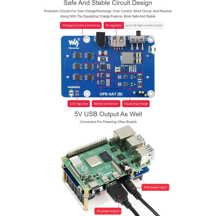 ДБЖ Waveshare HAT сумісний з джерелом безперебійного живлення Raspberry Pi 5 В Схеми захисту кількох акумуляторів Заряд і вихідна потужність одночасно (UPS HAT (B) (EU))