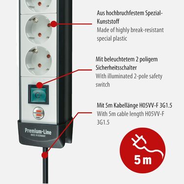 Розеткова планка Brennenstuhl Premium-Line 8-місна (розетка з вимикачем і кабелем 5м, настінна розеткова планка, зроблено в Німечч