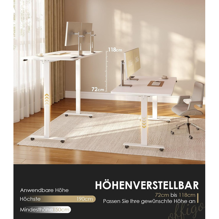 Стіл OffiGo з регульованою висотою, електричний стіл 160x70 см з розетками та портом зарядки USB, стіл з регульованою висотою та 2 функціями пам&39яті, комп&39ютерний стіл для офісу, дому, білий 160 x 70 x 72 см білий