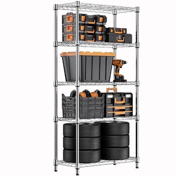 Міцний сталевий стелаж з 5 ярусами, дротяна полиця-органайзер для дому, кухні, офісу, максимальне навантаження 567,5 кг, хромоване покриття, 35 x 60 x 158,7 см.