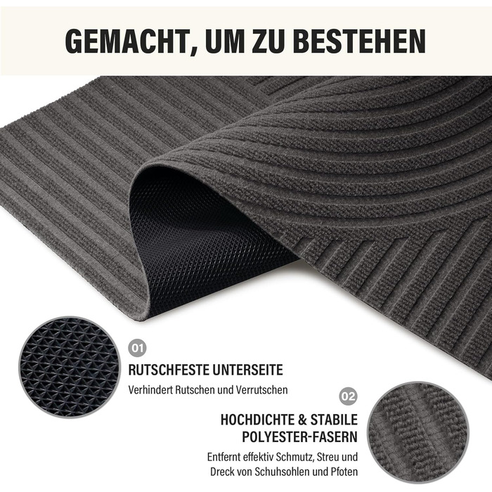 Килимок для вловлювання бруду FEOMOS для приміщень/зовнішнього використання 50x80 см, нековзний абсорбуючий килимок для дверей, який можна прати та міцний, для вхідних дверей, коридору, балкону, кухні - сірий