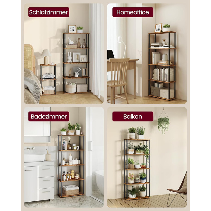 Надзвичайно швидке складання без інструментів, 5-рівнева полиця, окремостояча полиця для зберігання, 23,8 x 60 x 139 см, вітальня, спальня, кухня, вінтажний коричнево-чорний колір LLS165K01 5 рівнів (60Ш см)