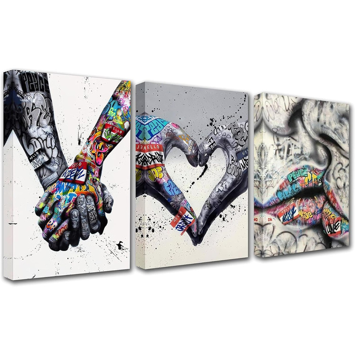 Стріт-арт Бенксі Графіті Ручний живопис Серце Любов Картини Романтичний поцілунок Мистецтво для вітальні Подарунок 3 Шматки Полотн