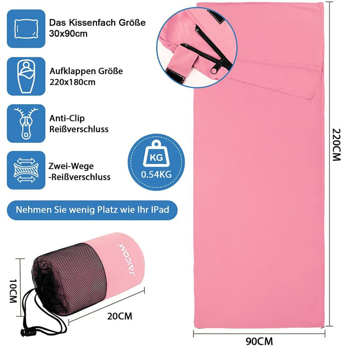 Підкладка для спального мішка, надлегкий шовковий спальний мішок для подорожей, підкладка для спального мішка 2-в-1, зручний та м&39який спальний мішок, невеликий розмір упаковки, виготовлений з мікрофібри, ідеально підходить для походів, готелів, рожевий