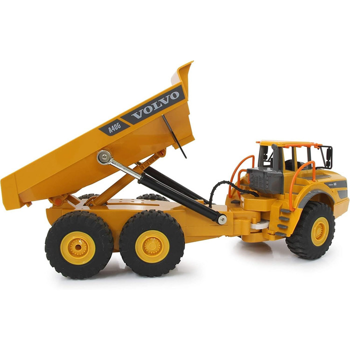 Позашляховий самоскид Volvo A40G 120 2,4GHz - реалістичне рульове управління, підйом/опускання кузова, реалістичний звук двигуна (з можливістю вимкнення), демонстраційний режим, повний привід, автоматичний режим очікування, жовтий, 405056