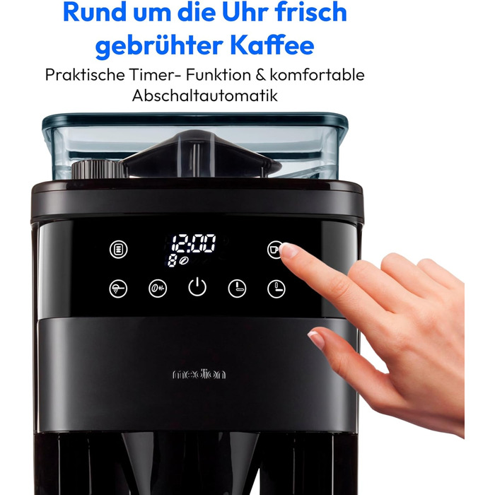 Кавоварка MEDION з кавомолкою та термосом Колба (1 літр, макс. 8 чашок, 8 рівнів помелу, макс. 1000 Вт, таймер, LED-дисплей, крапля-стоп, постійний фільтр, MD19911) Чорний