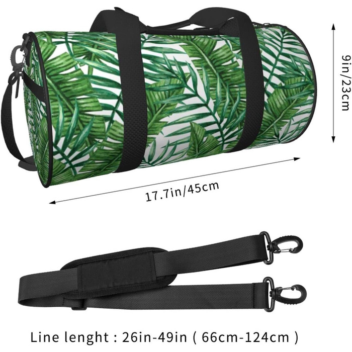 Спортивна сумка для подорожей, принт Листя банана, зелений малюнок, чорний колір, універсальний розмір