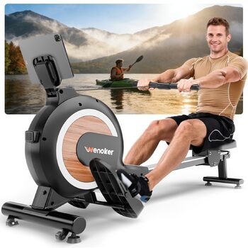 Гребний тренажер Wenoker, магнітний гребний тренажер для домашнього використання, покращений, тихий опір з 16 рівнями та інтелектуальною електронною поворотною ручкою, максимальна вага користувача 160 кг, підключення до додатку, чорний