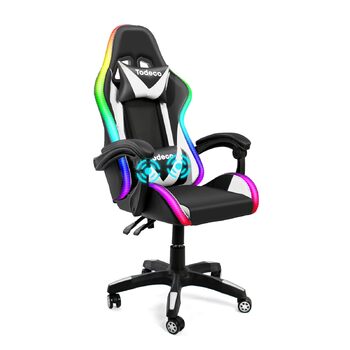 Ігрове крісло Todeco, масажне з підсвічуванням, світлодіодне гоночне крісло, ігрове крісло, ергономічне офісне крісло, регульована спинка, регульована висота, поворотне крісло з підголівником та поперековою подушкою, біле