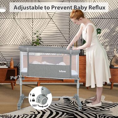 Дитяче ліжечко LIFEZEAL 3-в-1, 5-рівневе регульоване по висоті дитяче ліжечко, дитяча колиска/ліжечко для купання з матрацом, мобільне ліжечко на колесах з сумкою для перенесення, дитяче ліжечко для немовлят від народження до 9 кг (світло-сірий)