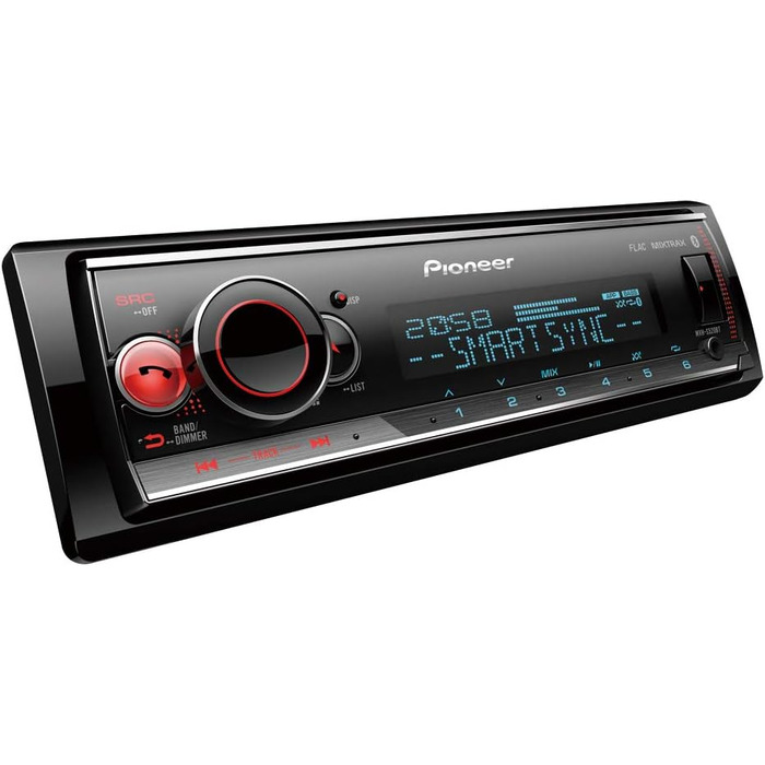 Приймач PIONEER 1-DIN з Bluetooth, червоним/білим підсвічуванням, роз'ємом USB/3,5 мм, Spotify, додатком Pioneer Smart Sync і сумісний з пристроями Apple і Android, червоний/чорний, MVH-S420BT (колір vario, колір Vario, одинарний)