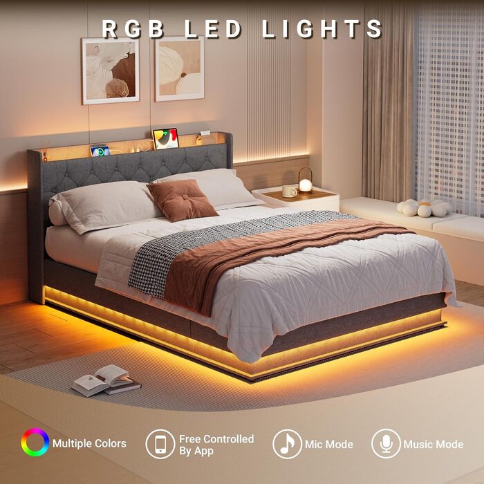 Ліжко Xbro з м&39якою підкладкою 140x200 з гідравлічним відділенням для зберігання, розетками та світлодіодним кільцевим освітленням, каркас ліжка з рейковою основою та ящиком для зберігання, двоспальне ліжко для спальні, сучасний дизайн, темно-сірий колі