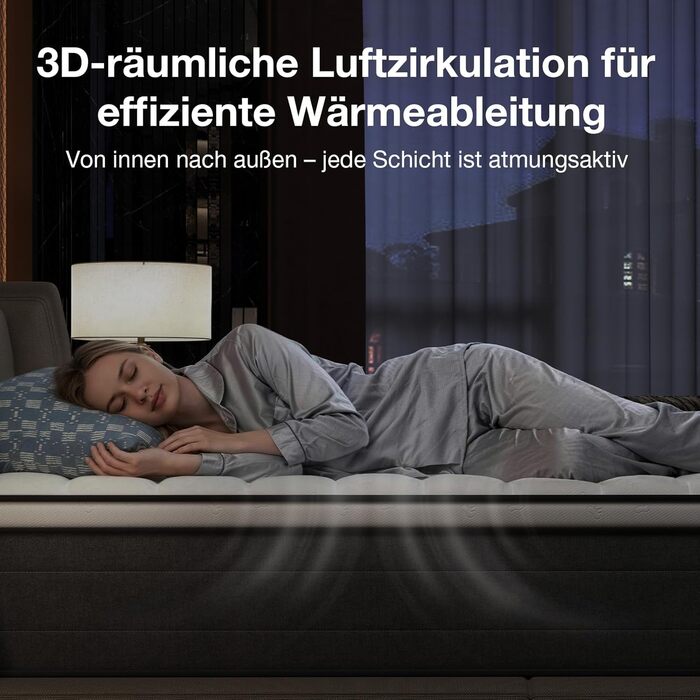 Матрац Novilla 140x200, H3 7-зонний пружинний матрац з кишеньковою структурою для цілеспрямованої підтримки, хвилеподібний шар комфортної піни для покращеної повітропроникності, сертифікований Oeko-Tex, висота 25 см x 25 см, 140 x 200 см