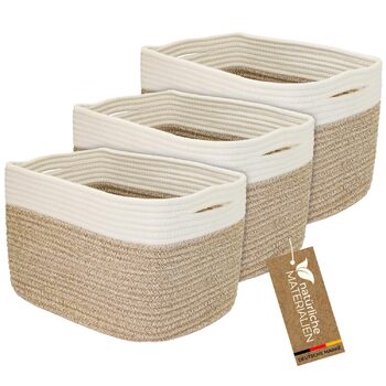 Кошик для зберігання HMF з прихованими ручками, набір з 3 шт. , бавовняний кошик 37,5 x 25 x 22,5 см біло-коричневий
