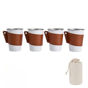 Набір кемпінгових чашок з нержавіючої сталі 304 з шкіряним тримачем, велика місткість 350 мл, 4-елементні штабелювані чашки для подорожей та пікніків