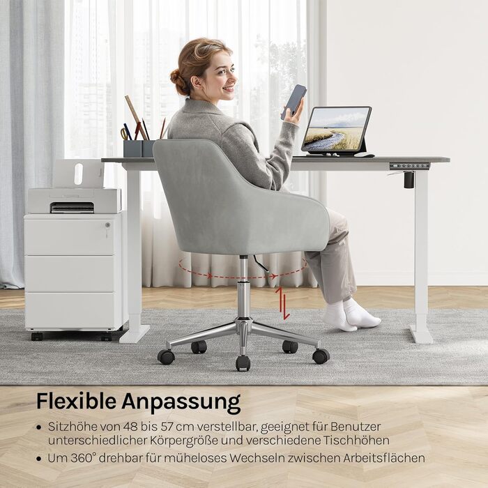 Крісло для домашнього офісу WOLTU, стілець для столу, обертове крісло, туалетний стілець, регульована висота, вантажопідйомність до 150 кг, з підлокітниками, оксамитове сидіння, для спальні, офісу, вітальні, світло-сірий BS145hgr світло-сірий оксамит