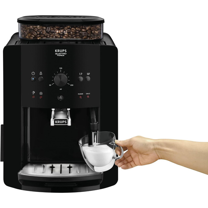 Кавоварка Krups Arabica Picto від зерен до чашки, насадка для спінювання молока, функція 2 чашки, поворотне керування, легке очищення, кавоварка, чорна EA810870 чорна одинарна