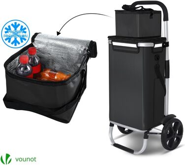 Алюмінієвий складаний візок для покупок 58л з водонепроникною сумкою та термо-відсіком, 2 великих колеса з брудозахисними крилами, складаний візок-драбина, чорний 58л