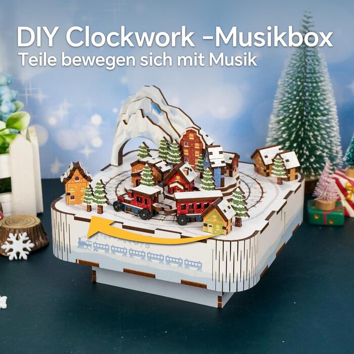 Музична скринька Tonecheer Дерев'яний 3D-пазл, набір моделей для сім'ї котів своїми руками для дорослих, обертова музична шкатулка, дерев'яна головоломка Подарунки для прикраси будинку Подарунок на день народження Різдвяні підлітки (Сніговий поїзд)