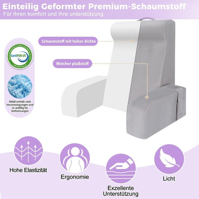 Подушка для читання Babenest зі знімними підлокітниками, зручна та легка подушка для спини ліжка та дивана, спинка сидіння з оксамитом, що миється, для читання, ігор або перегляду телевізора (модель L-діапазону)