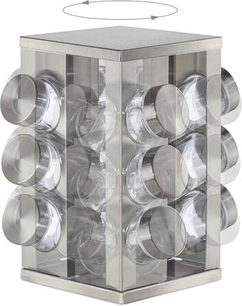 Карусель для спецій Relaxdays з 12 банками для спецій, обертається на 360, нержавіюча сталь, скло, ВxГ 22 x 19 см, квадратна підставка для спецій, срібляста, 10032729