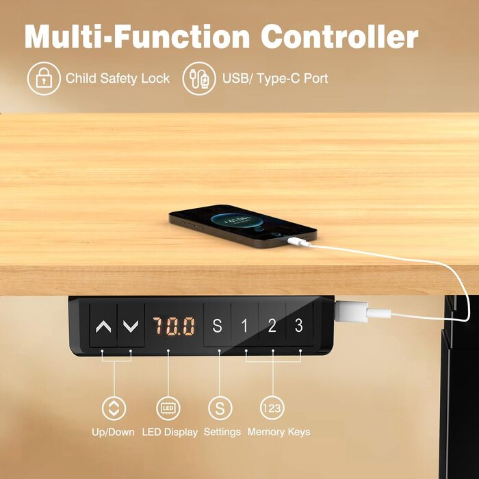 Рама столу AIMEZO з регулюванням висоти та 2 двигунами, електрична рама столу з портом USB-C, електрична рама столу з функцією запобігання зіткненням, керування пам&39яттю, чорна