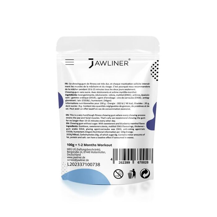 Jawliner® - Піонер найміцнішої ручної роботи Extreme Ultra 15x Harder Jawline Gum, що включає 12 тижнів коучингу - Жувальна гумка з чорницею без цукру - Тренажер для підборіддя - Жувальна гумка для формування щелепи (2 місяці упаковки)