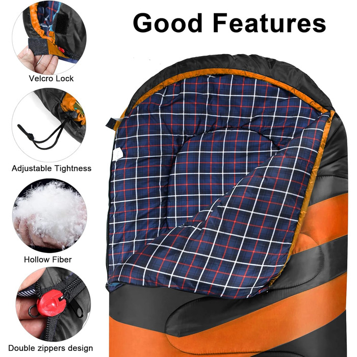 Фланелевий спальний мішок 3-4 сезони 1,6 кг, підходить для зими, осені та весни, виготовлений з порожнистого волокна та приємний для шкіри, водовідштовхувальний, чорний