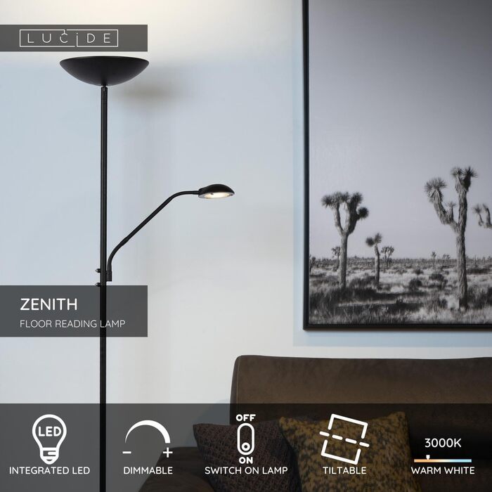 Підлоговий світильник LUCIDE ZENITH з лампою для читання, LED з димером, 3000K, чорний
