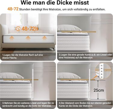 Матрац TXO 140x200 см, висота 25 см, пружинний матрац Pocket Spring, рівень жорсткості H3, 7-зонний пружинний матрац з високоякісною піною для підтримки спини, сертифікований Oeko-Tex, білий 140 x 200 см