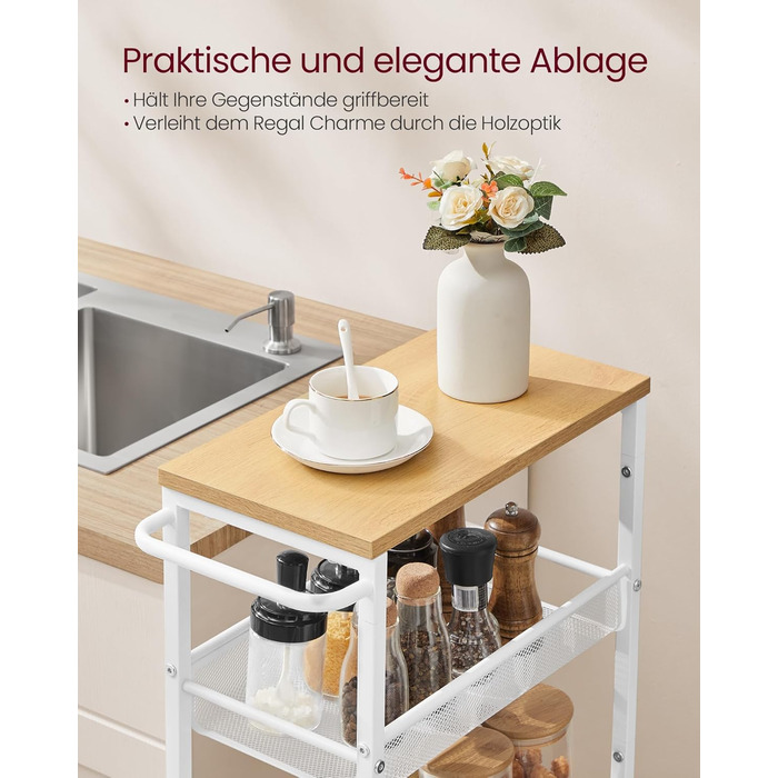 Ярусний візок на колесах, вузький кухонний візок, нішева полиця на колесах, сталь, ручка, для невеликих приміщень, 22 x 45,4 x 99,6 см, кухня, ванна кімната, вітальня, кабінет, дубово-білий LRC035W09 5 ярусів (22 x 45,4 x 99,6 см) дуб білий, 5-