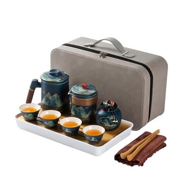 Порцеляновий набір для чайної церемонії Гунфу, 13 предметів, дорожній, портативний та практичний набір для чаювання для дорослих, у сірому шкіряному чохлі - ідеально підходить для поціновувачів чайної культури та проведення чайних церемоній