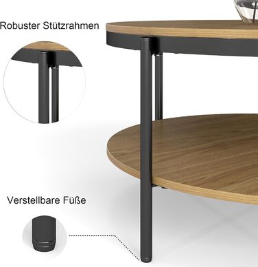 Круглий дерев&39яний журнальний столик Manora, маленький круглий столик для вітальні 80 см, диван-столик з 2 рівнями зберігання, під дуб, металеві ніжки зі сталевим каркасом (світлий дуб), сучасний дуб