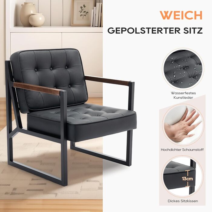 Крісло COLAMY з відкидною спинкою, крісло для вітальні, шкіряне крісло-акцент, сучасне крісло зі штучної шкіри середини століття з металевими ніжками для вітальні, спальні, приймальні, кімнати очікування, чорне 2