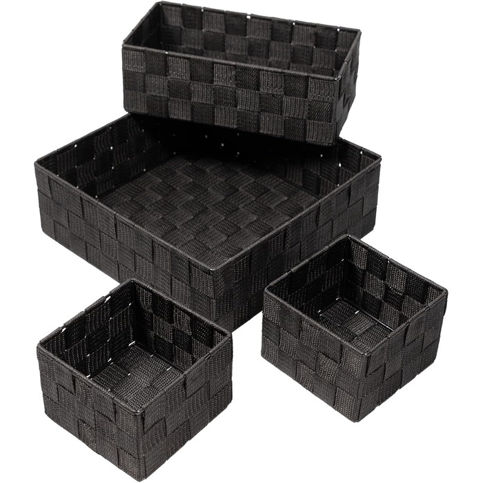 Набір із 4 кошиків для зберігання SilkKorb без кришок, під ротанг, штабелювані полиці з плетеного нейлону, коробки для зберігання, кошики для ванної кімнати, кошики для зберігання в шафах, на кухні, у вітальні (чорний)