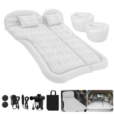 Надувний матрац для автомобіля позашляховика - потовщений та покращений кемпінговий матрац для заднього сидіння/багажника з електричним насосом, побутовий адаптер, 2 подушки 2 підставки для ніг, білий