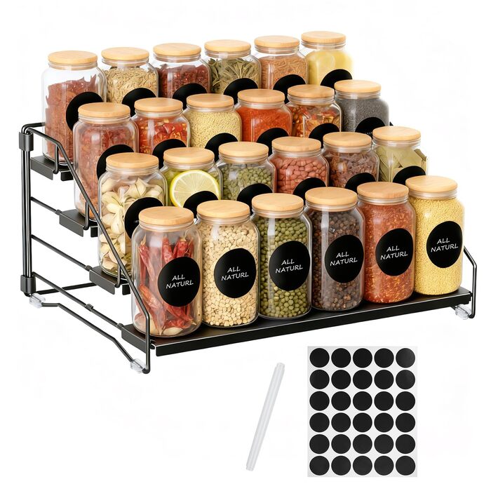 Вертикальна підставка для спецій з чотирма рівнями, регульована, не потребує свердління, підходить для зберігання спецій на кухнях, у шафах та ванних кімнатах.