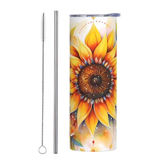 Кухоль з прямою трубочкою, 590 мл, жовтий соняшник, друкований олією, дорожній кухоль, підходить для кемпінгу, офісу та дому