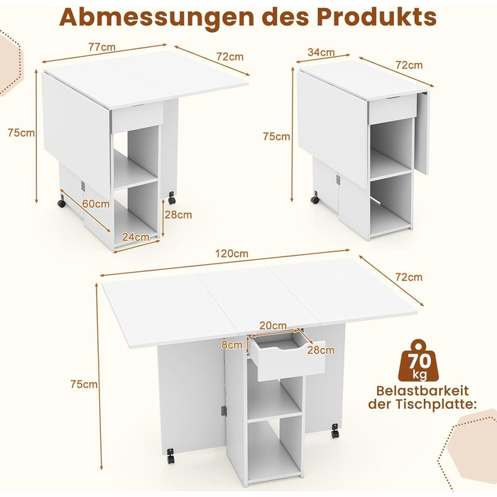 Розкладний обідній стіл на 2 колесах, Мобільний розкладний обідній стіл з 2-рівневою полицею та шухлядою (білий)