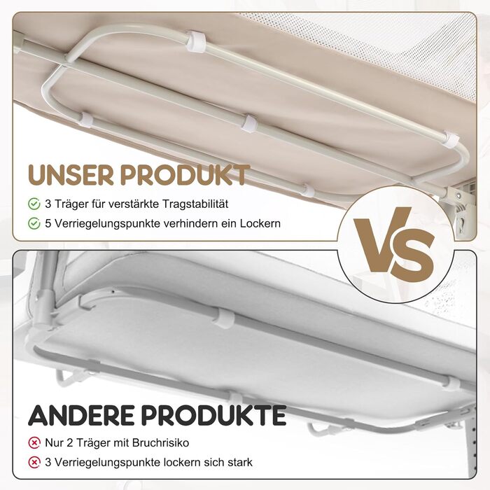 Дитяче ліжечко-тумбочка 4-в-1, покращена стійкість, 6-позиційне регулювання висоти, повністю сітчасті боки для новонароджених до 12 місяців, бежевий колір